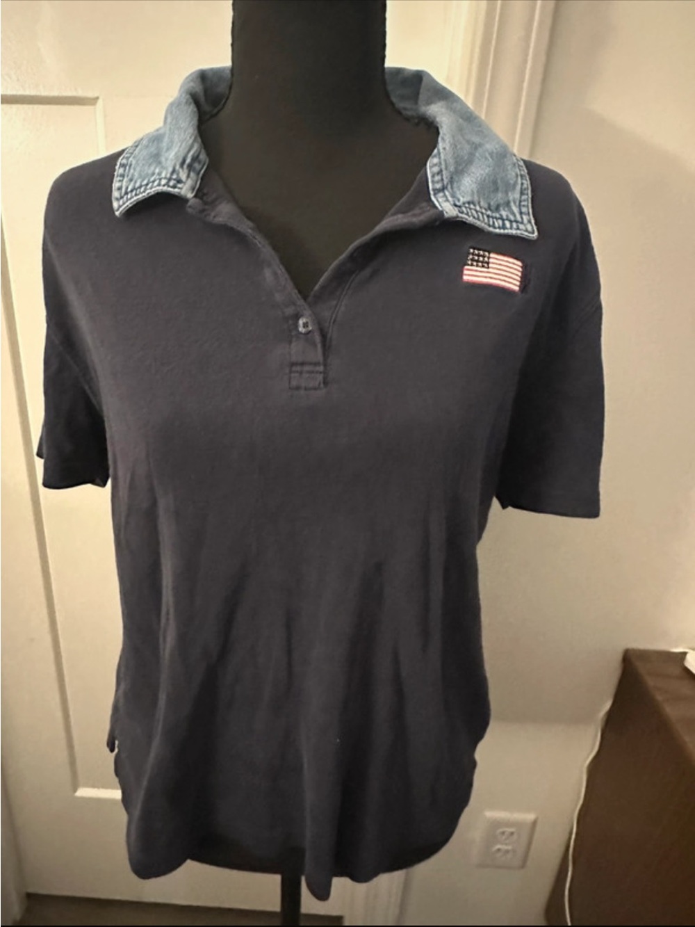 Classic vintage Navy Polo Top with Denim Collar and Flag Patch